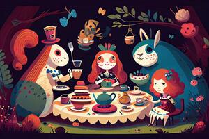 génératif ai illustration de une capricieux thé fête scène avec une variété de parlant animaux et personnages, dans une coloré et espiègle style dans pays des merveilles photo
