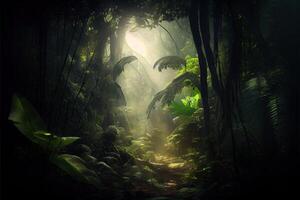 génératif ai illustration de foncé forêt tropicale, Soleil des rayons par le des arbres, riches jungle verdure. atmosphérique fantaisie forêt photo