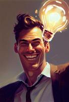 génératif ai illustration de Créatif et émotif homme un lumière ampoule sur lumière Contexte. affaires idée. photo