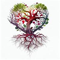 génératif ai illustration de arbre de vie, les racines fabrication rouge cœur forme, celtique style, coloré, blanc Contexte photo