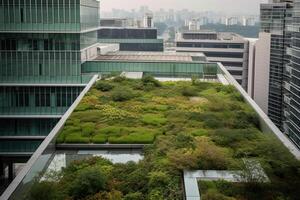 génératif ai illustration de magnifique jardin sur le toit de une contemporain verre Bureau bâtiment dans Asie photo