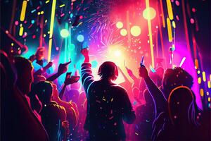 génératif ai illustration de Nouveau années veille fête arrière-plan, pop couleur, groupe de gens dansant et joyeux, compte à rebours, neural réseau généré art. numériquement peinture, généré image. photo