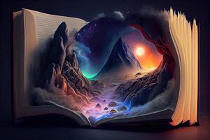 génératif ai illustration de livre de connaissance, univers, fantaisie épique atmosphère, magnifique visuel effets. connaissance ouvert Nouveau monde. photo