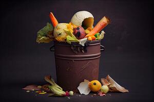 génératif ai illustration de inutilisé, pourri légumes sont disposé de dans le poubelle. nourriture déchets et nourriture perte avoir débarrasser de nourriture déchets à Accueil photo