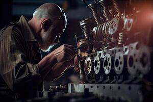 génératif ai illustration de le compétence et professionnalisme de une mécanicien comme il travaux sur réparer le moteur de une voiture dans une bien équipé garage photo