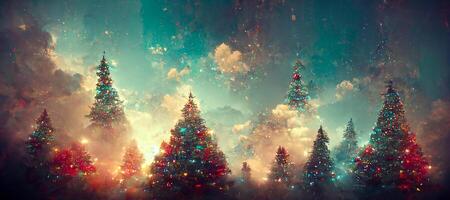 génératif ai illustration de Noël décoré vert épicéa des arbres dans hiver forêt, abstrait fantaisie de fête Noël arbre, hiver abstrait paysage. lumière du soleil dans le hiver forêt. numérique art. photo
