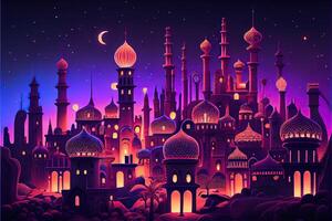 génératif ai illustration de Fée - conte arabe nuit ville avec tours et moules. nuit néon Oriental ville. fantaisie Urbain arabe paysage photo