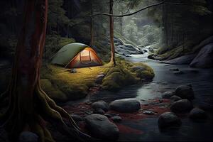 génératif ai illustration de camping dans la nature dans le forêt sur le banques de le rivière photo