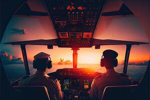 génératif ai illustration de avion vol pont. le pilotes à travail. vue de avion cockpit photo