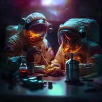 génératif ai illustration de astronautes avec espace casques mélange distillats dans laboratoire, vape cartouches photo