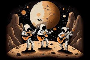 génératif ai illustration de une trio de astronautes fabrication la musique sur le lunaire surface photo