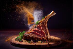 génératif ai illustration de fraîchement grillé tomahawk steaks sur en bois Coupe conseil, superbement délicieux tomahawk steak, barbecue photo