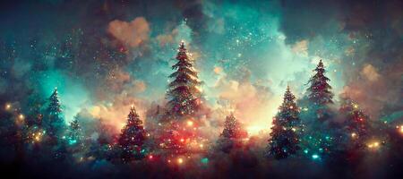 génératif ai illustration de Noël décoré vert épicéa des arbres dans hiver forêt, abstrait fantaisie de fête Noël arbre, hiver abstrait paysage. lumière du soleil dans le hiver forêt. numérique art. photo