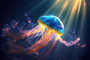 génératif ai illustration de embrasé mer méduses sur foncé arrière-plan, lumière, la magie, mer photo