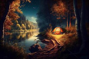 génératif ai illustration de camping dans la nature dans le forêt sur le banques de le rivière photo