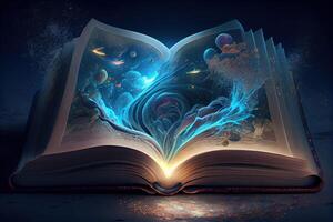 génératif ai illustration de livre de connaissance, univers, fantaisie épique atmosphère, magnifique visuel effets. connaissance ouvert Nouveau monde. photo