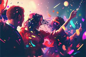 génératif ai illustration de Nouveau années veille fête arrière-plan, pop couleur, groupe de gens dansant et joyeux, compte à rebours, neural réseau généré art. numériquement peinture, généré image. photo