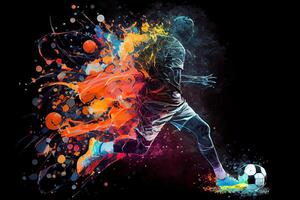 génératif ai illustration de le essence de une football joueur dans mouvement comme elles ou ils donner un coup une Balle avec intense énergie, entouré par vibrant couleurs et éclaboussures photo