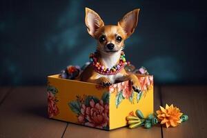 mignonne chien à la recherche en dehors de cadeau boîte. animal de compagnie comme cadeau. génératif ai photo