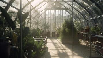 génératif ai, vert maison de le verre, verre de tente jardin avec une lot de les plantes. photoréaliste effet. photo