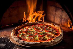 génératif ai illustration de italien Pizza est cuit dans une au feu de bois four. photo