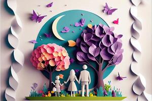 génératif ai illustration de origami printemps arrière-plan, joyeux âgé, content famille avec parent, coloré. papier Couper artisanat, 3d papier illustration style, pop couleur. neural réseau généré art. photo