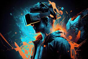 génératif ai illustration de homme avec virtuel réalité vr lunettes en jouant ar augmenté réalité Jeu et divertissement, futuriste métaverse gamefi nft Jeu des idées photo