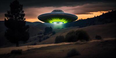 génératif ai illustration de une Stationnaire OVNI planant dans le collines, avec une mystérieux et sinistre atmosphère photo