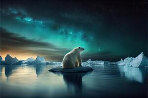 génératif ai illustration de solitaire blanc ours sur iceberg, aurore ciel photo