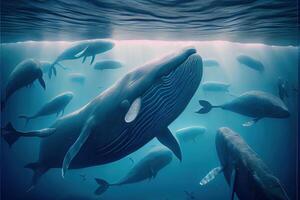 génératif ai illustration de bancs de bleu baleines en dessous de eau, océan photo