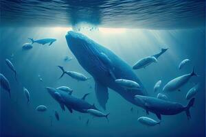 génératif ai illustration de bancs de bleu baleines en dessous de eau, océan photo