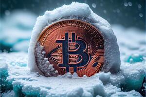 génératif ai illustration de congelé bitcoins, du froid et neige. bit pièce de monnaie symbole dans la glace et neige photo