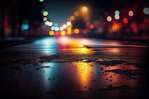 génératif ai illustration de une lumière effet, flou Contexte. humide asphalte, nuit vue de le ville, néon reflets sur le béton sol. foncé abstrait arrière-plan, foncé vide rue photo