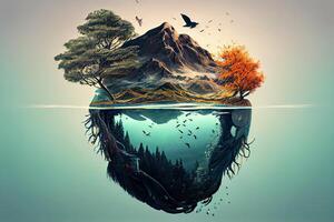 génératif ai illustration de le beauté de la nature avec une étourdissant double exposition paysage avec une rivière, des arbres, et plumes photo