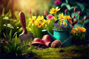 génératif ai illustration de printemps jardin se soucier. fleurs dans le jardin. jardin outils. Extérieur jardinage outils sur herbe dans printemps jardin photo