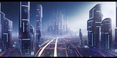 génératif ai illustration de fantaisie futuriste ville avec autoroutes et grattes ciels, cyber ville photo