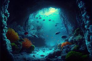 génératif ai illustration de sous-marin monde à le profondeur de le océan. sous-marin gorges et tunnel, organismes et poisson. sous-marin Profond monde, mer obscurité, algues briller, bleu néon, coraux. photo