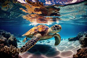 génératif ai illustration de une mer tortue dans cristal clair l'eau. incroyable cristalline fond marin. récif plein de la vie photo