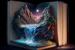 génératif ai illustration de livre de connaissance, univers, fantaisie épique atmosphère, magnifique visuel effets. connaissance ouvert Nouveau monde. photo