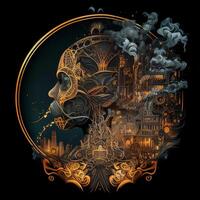 génératif ai illustration de cyberpunk zodiaque signe avec une industriel fumée, mécanicien détail sur épaules, pollution, centré à l'intérieur complexe or et Feu cercle de ville et grattes ciels, vapeur punk photo