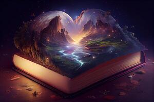 génératif ai illustration de livre de connaissance, univers, fantaisie épique atmosphère, magnifique visuel effets. connaissance ouvert Nouveau monde. photo