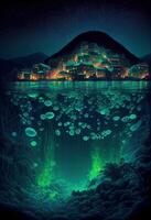 génératif ai illustration de bio luminescent ville en dessous de l'eau photo