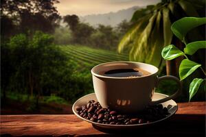 génératif ai illustration de tasse de café et café des haricots sur vieux en bois table et le plantations thé colline Contexte photo