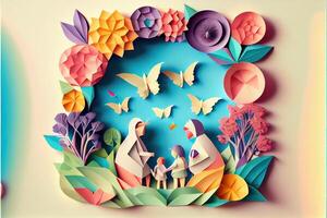 génératif ai illustration de origami printemps arrière-plan, joyeux âgé, content famille avec parent, coloré. papier Couper artisanat, 3d papier illustration style, pop couleur. neural réseau généré art. photo