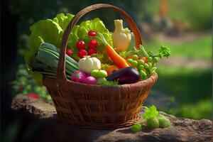 génératif ai illustration de panier avec des légumes dans le ensoleillé jardin photo