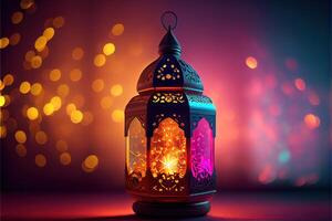 génératif ai illustration de musulman saint mois Ramadan kareem arabe lanterne avec bokeh, néon lumière et lanterne affiché sur étapes avec embrasé lumière dans le soir. fond d'écran et bannière Contexte. photo