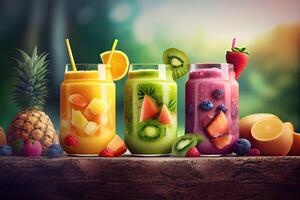 génératif ai illustration de smoothies et jus fabriqué de une variété de Frais des fruits de le tropiques. nettoyer alimentaire, une en bonne santé régime, et vitamine infusé breuvages sont notions, flou Contexte photo