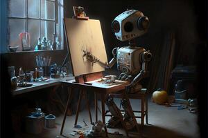 génératif ai illustration de cyborg ai robot artiste dans foncé studio suivant à le sien chevalet, La peinture et des peintures tandis que fonctionnement, neural réseau généré art. numériquement peinture, généré image. photo