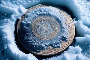 génératif ai illustration de congelé bitcoins, du froid et neige. bit pièce de monnaie symbole dans la glace et neige photo