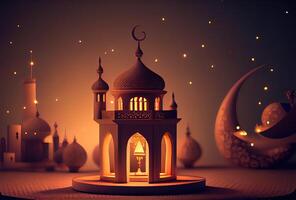 génératif ai illustration de islamique vacances. Ramadan nuit. mosquée et lanterne affiché sur étapes avec embrasé lumière dans le soir. fond d'écran et bannière Contexte. photo